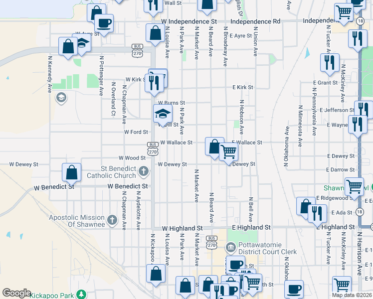 map of restaurants, bars, coffee shops, grocery stores, and more near 215 West Wallace Street in Shawnee