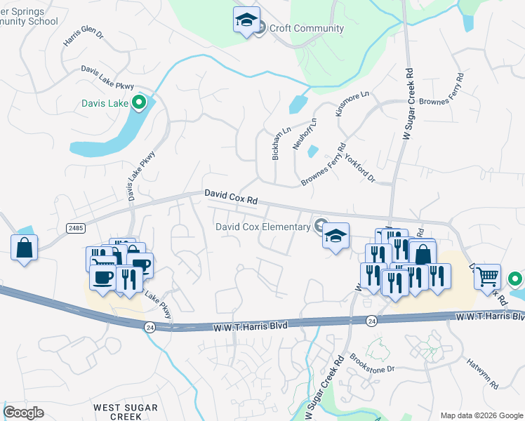 map of restaurants, bars, coffee shops, grocery stores, and more near 6525 Sackett Way in Charlotte