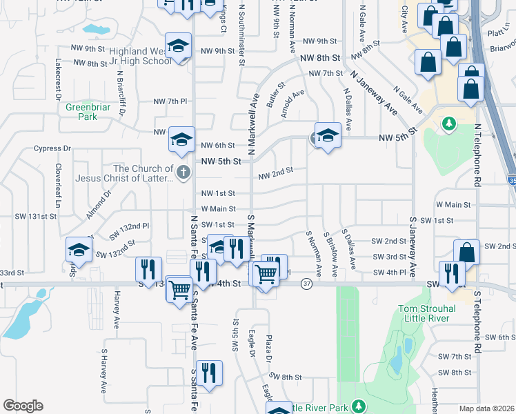 map of restaurants, bars, coffee shops, grocery stores, and more near 935 West Main Street in Moore