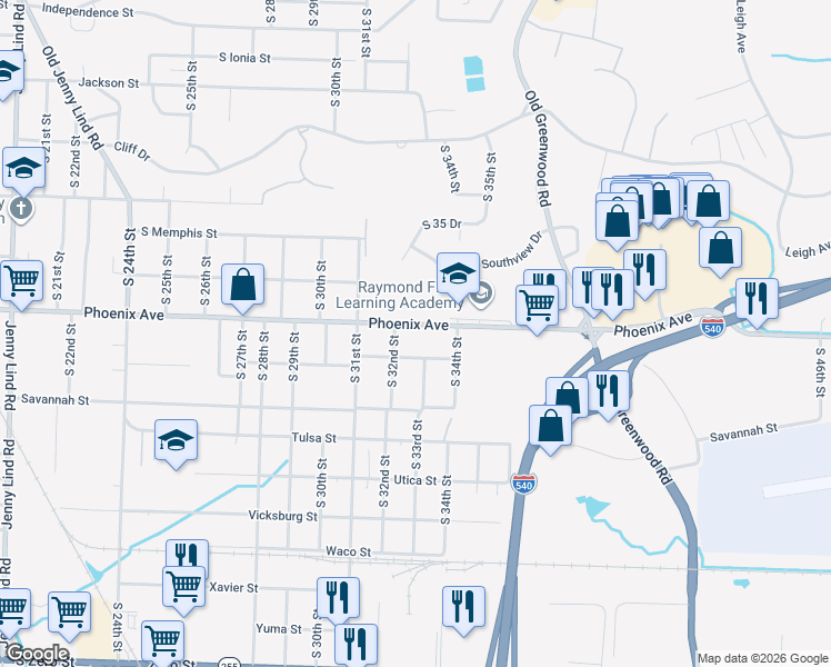 map of restaurants, bars, coffee shops, grocery stores, and more near 3210 Phoenix Avenue in Fort Smith