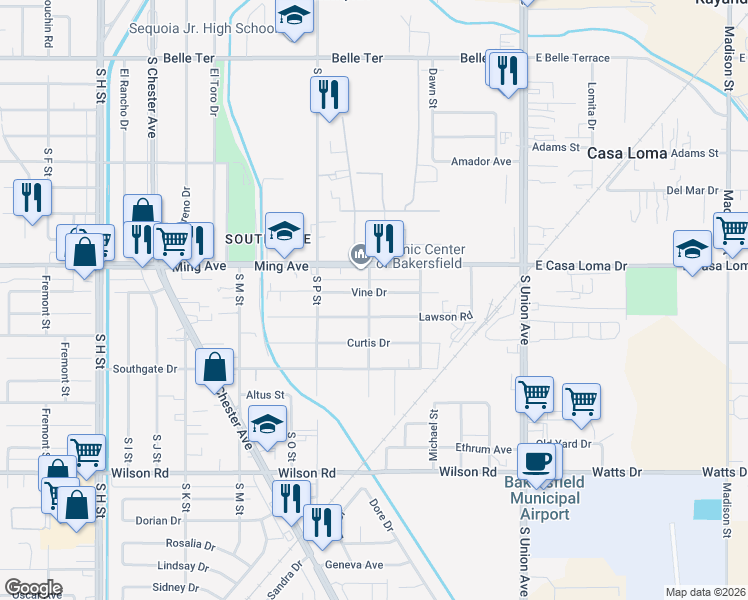 map of restaurants, bars, coffee shops, grocery stores, and more near 617 Vine Drive in Bakersfield