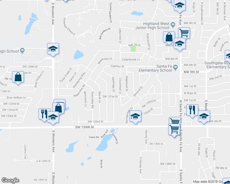 map of restaurants, bars, coffee shops, grocery stores, and more near 13172 Eastridge Drive in Oklahoma City