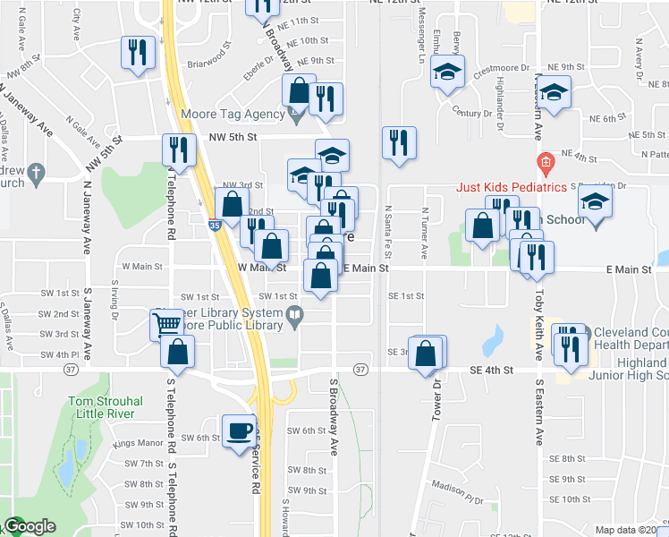 map of restaurants, bars, coffee shops, grocery stores, and more near 100 East Main Street in Oklahoma City