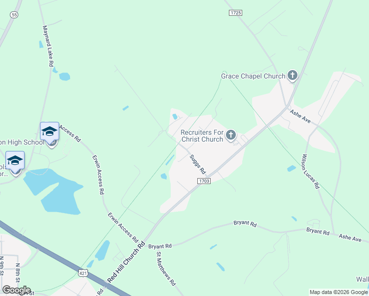 map of restaurants, bars, coffee shops, grocery stores, and more near 173 Suggs Road in Dunn