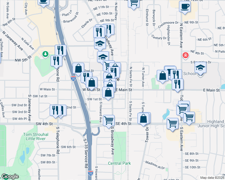 map of restaurants, bars, coffee shops, grocery stores, and more near 101 N Broadway St in Oklahoma City