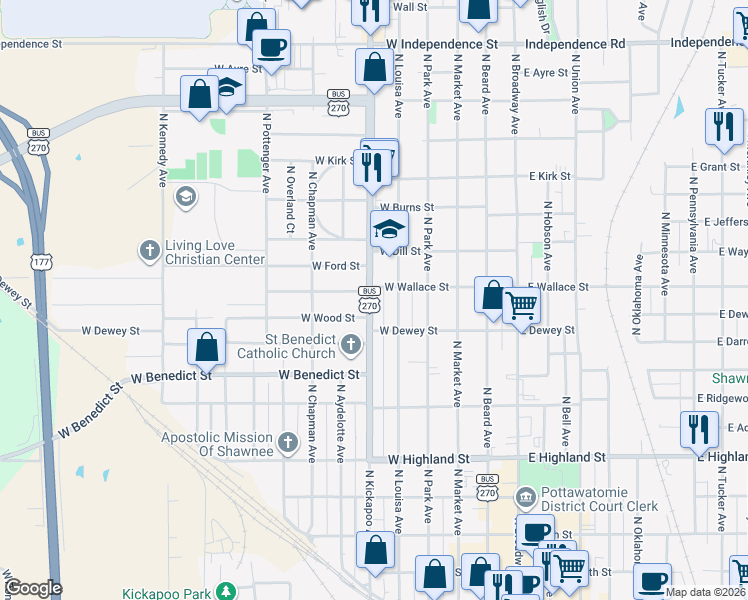 map of restaurants, bars, coffee shops, grocery stores, and more near 838 North Kickapoo Avenue in Shawnee
