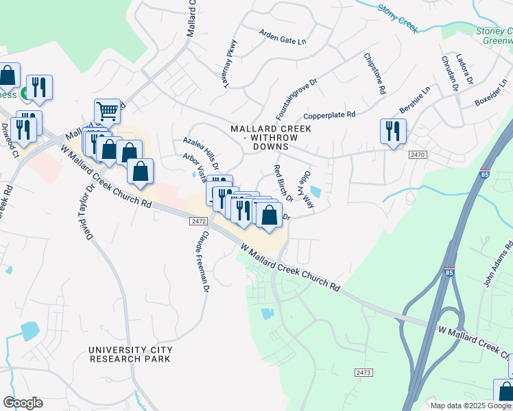 map of restaurants, bars, coffee shops, grocery stores, and more near 1919 Arbor Vista Drive in Charlotte