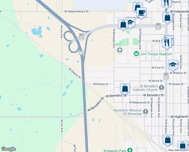 map of restaurants, bars, coffee shops, grocery stores, and more near 1418 West Wheeler Street in Shawnee