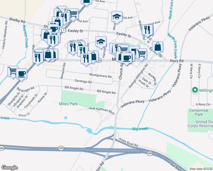 map of restaurants, bars, coffee shops, grocery stores, and more near 4916 Saratoga Road in Millington