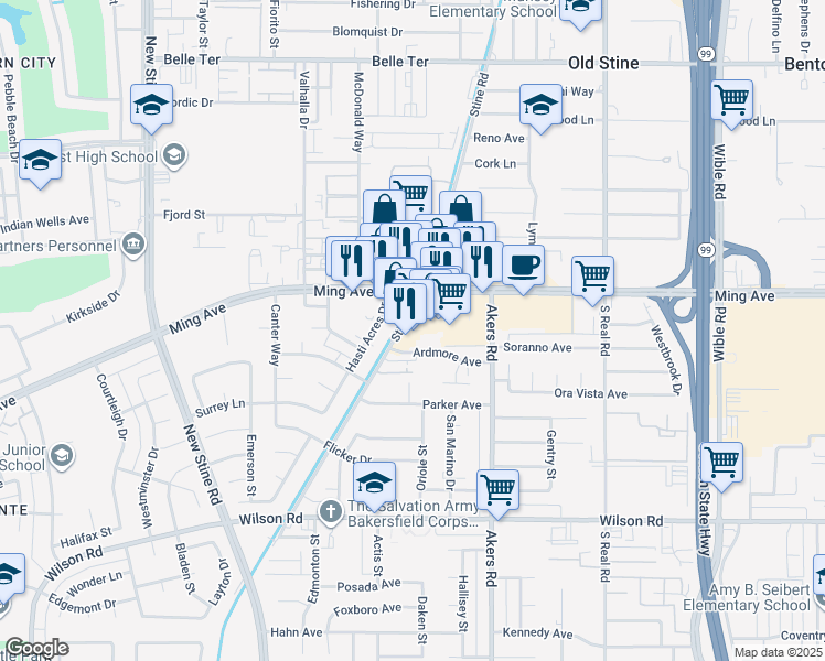 map of restaurants, bars, coffee shops, grocery stores, and more near 4137 Ming Avenue in Bakersfield