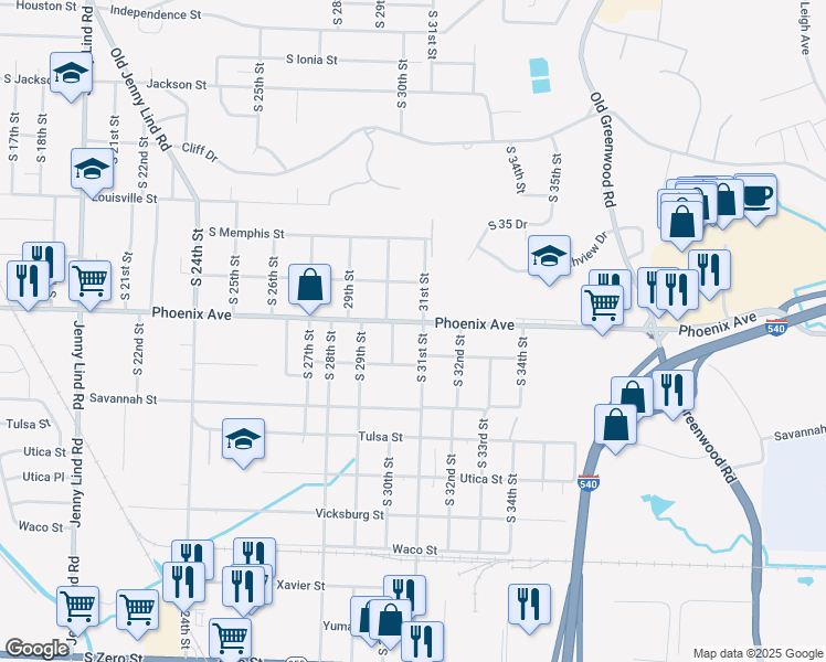 map of restaurants, bars, coffee shops, grocery stores, and more near 3014 Phoenix Avenue in Fort Smith