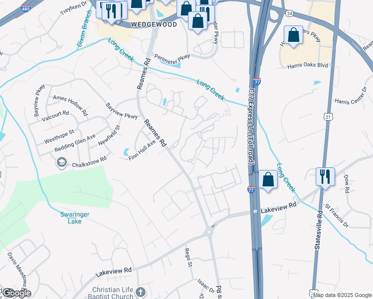 map of restaurants, bars, coffee shops, grocery stores, and more near 5201 Roundstone Way in Charlotte