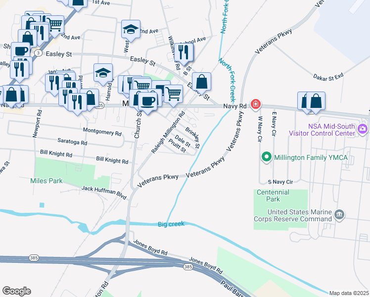 map of restaurants, bars, coffee shops, grocery stores, and more near 5104 Pruitt Street in Millington