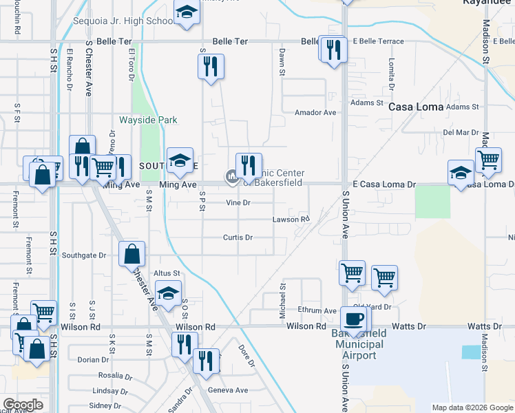 map of restaurants, bars, coffee shops, grocery stores, and more near 517 Vine Drive in Bakersfield