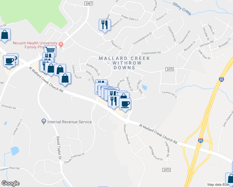 map of restaurants, bars, coffee shops, grocery stores, and more near 1923 Arbor Vista Drive in Charlotte