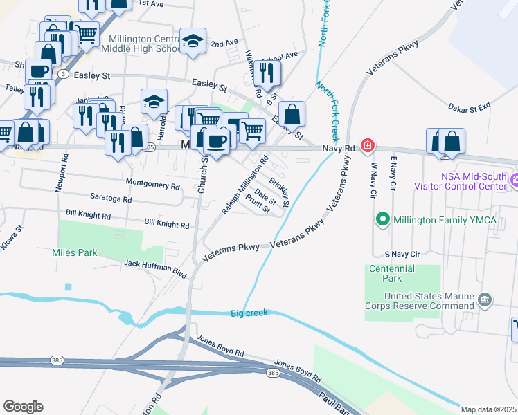 map of restaurants, bars, coffee shops, grocery stores, and more near 5104 Pruitt Street in Millington
