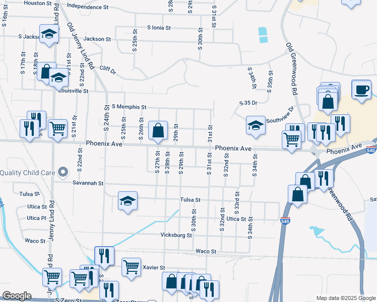 map of restaurants, bars, coffee shops, grocery stores, and more near 4701 South 29th Street in Fort Smith