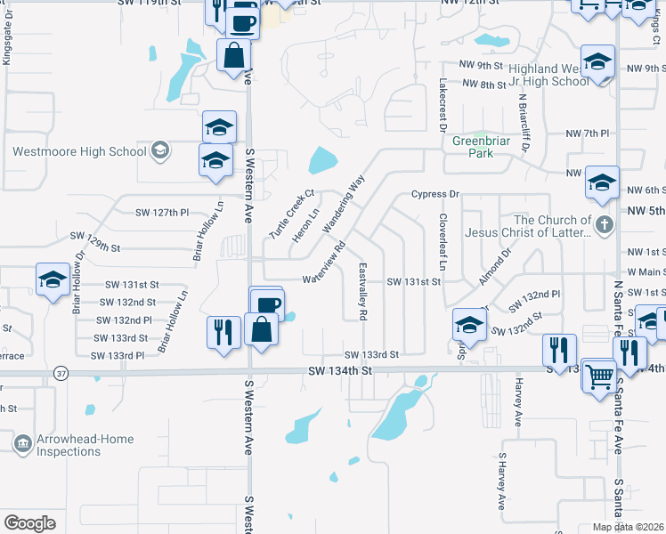 map of restaurants, bars, coffee shops, grocery stores, and more near 13104 Moccasin Lane in Oklahoma City