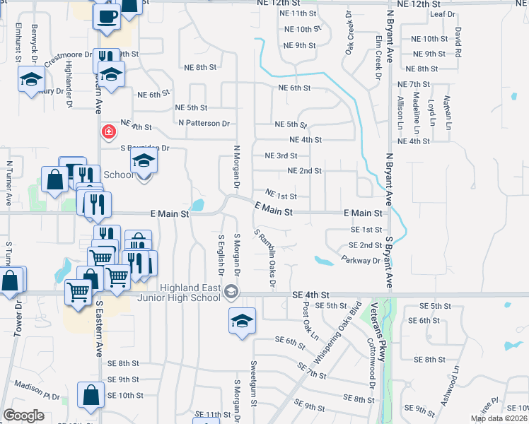 map of restaurants, bars, coffee shops, grocery stores, and more near 1406 East Main Street in Moore