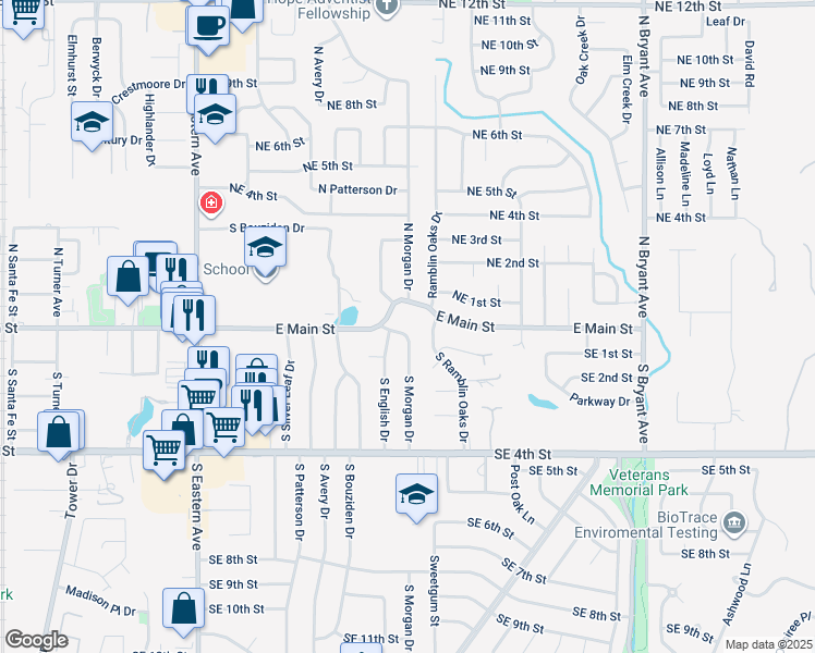 map of restaurants, bars, coffee shops, grocery stores, and more near 112 South Morgan Drive in Moore