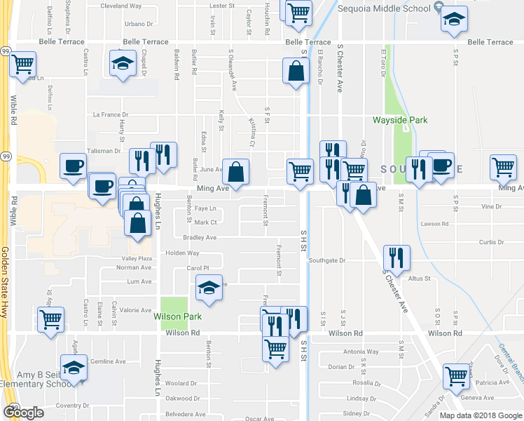 map of restaurants, bars, coffee shops, grocery stores, and more near 1701 Fremont Street in Bakersfield
