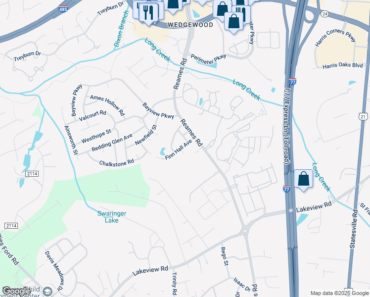 map of restaurants, bars, coffee shops, grocery stores, and more near 7121 Finn Hall Avenue in Charlotte