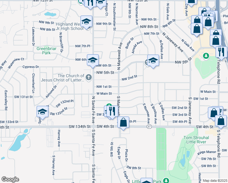 map of restaurants, bars, coffee shops, grocery stores, and more near 1004 Northwest 1st Street in Moore