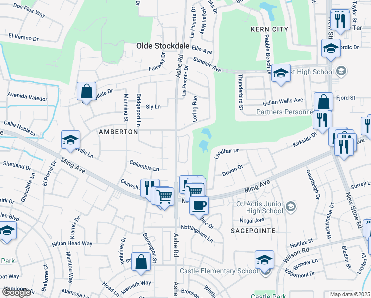 map of restaurants, bars, coffee shops, grocery stores, and more near 1700 Ashe Road in Bakersfield