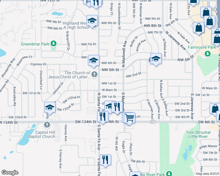 map of restaurants, bars, coffee shops, grocery stores, and more near 1033 W Main St in Moore