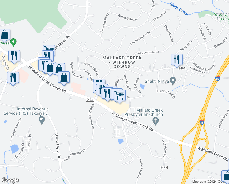map of restaurants, bars, coffee shops, grocery stores, and more near 1927 Arbor Vista Drive in Charlotte