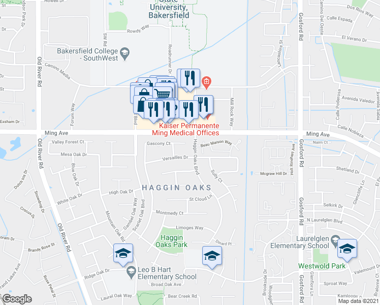 map of restaurants, bars, coffee shops, grocery stores, and more near 8900 Versailles Drive in Bakersfield