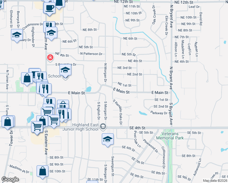 map of restaurants, bars, coffee shops, grocery stores, and more near 1406 East Main Street in Moore