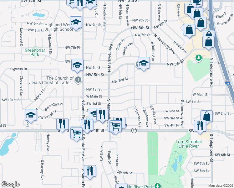 map of restaurants, bars, coffee shops, grocery stores, and more near 935 W Main St in Moore
