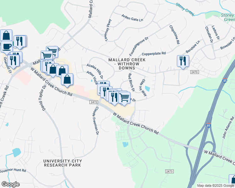 map of restaurants, bars, coffee shops, grocery stores, and more near 1923 Arbor Vista Drive in Charlotte