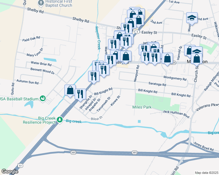 map of restaurants, bars, coffee shops, grocery stores, and more near 4598 Bill Knight Road in Millington