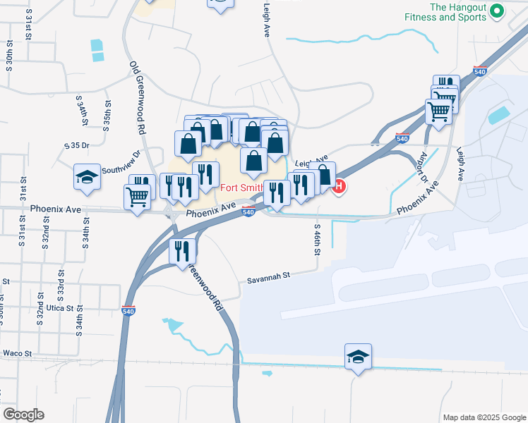 map of restaurants, bars, coffee shops, grocery stores, and more near 3609 Phoenix Avenue in Fort Smith