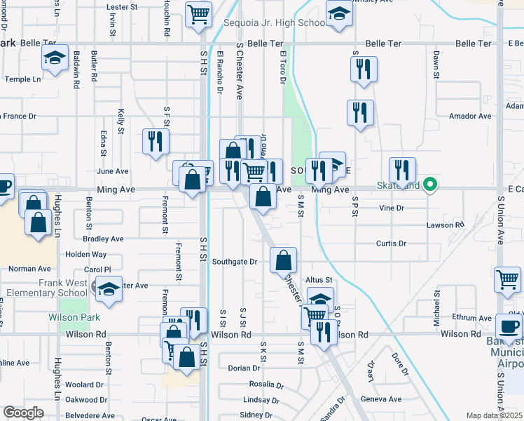 map of restaurants, bars, coffee shops, grocery stores, and more near 1810 South Chester Avenue in Bakersfield