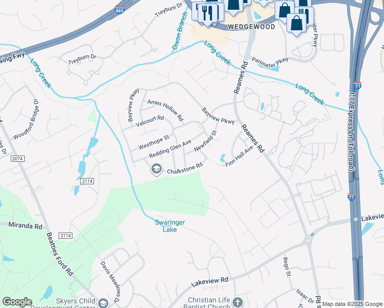 map of restaurants, bars, coffee shops, grocery stores, and more near 9014 Newfield Street in Charlotte