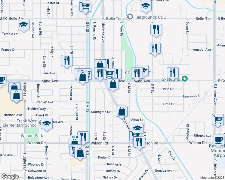 map of restaurants, bars, coffee shops, grocery stores, and more near 1810 South Chester Avenue in Bakersfield