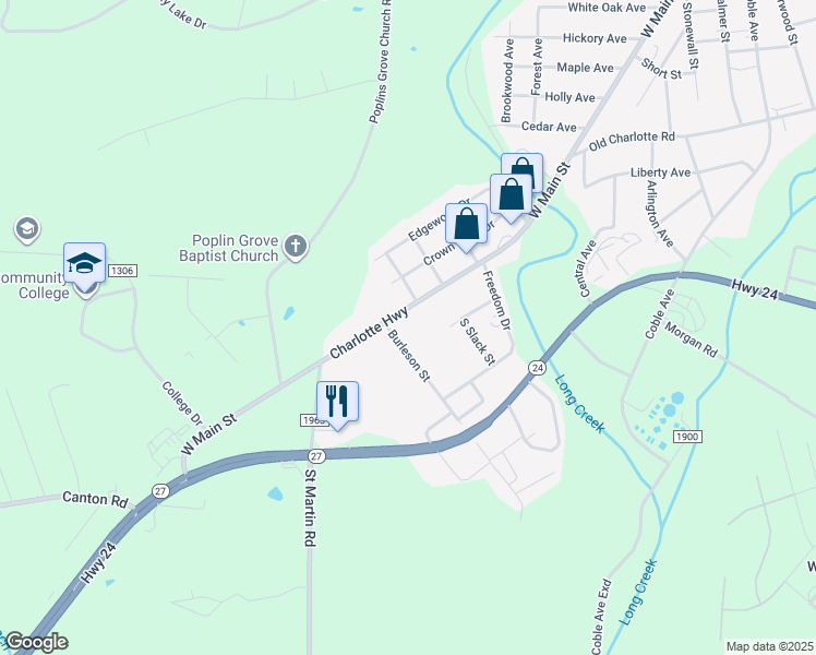 map of restaurants, bars, coffee shops, grocery stores, and more near 2311 West Main Street in Albemarle