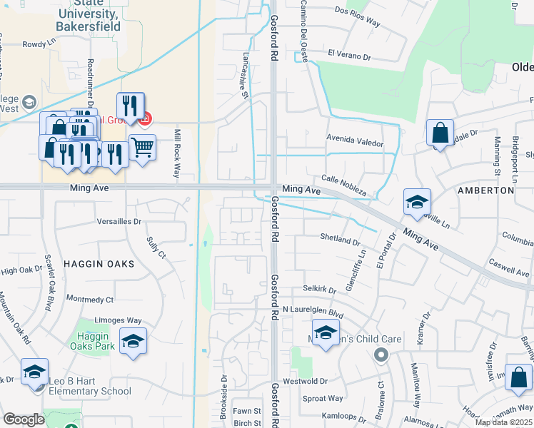 map of restaurants, bars, coffee shops, grocery stores, and more near 1804 Holt Rinehart Avenue in Bakersfield