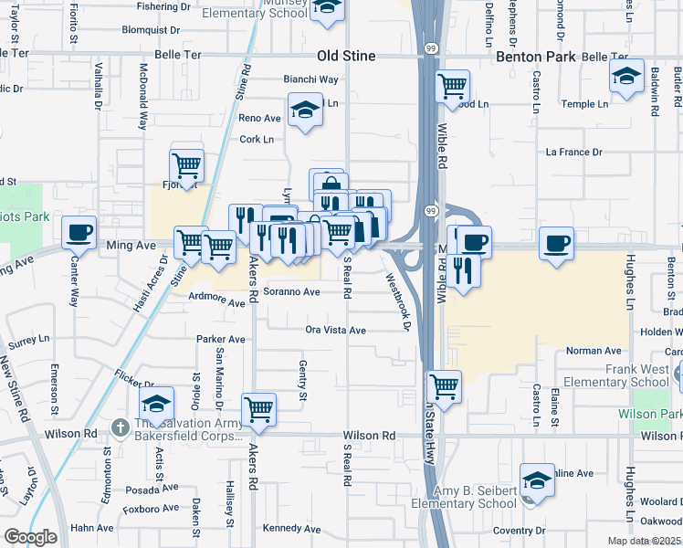 map of restaurants, bars, coffee shops, grocery stores, and more near 3605 De Souza Place in Bakersfield
