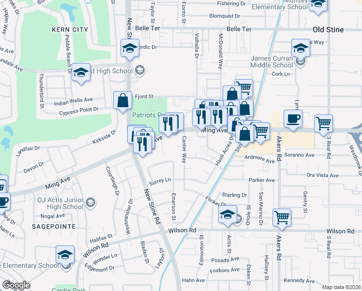 map of restaurants, bars, coffee shops, grocery stores, and more near 1817 Canter Way in Bakersfield