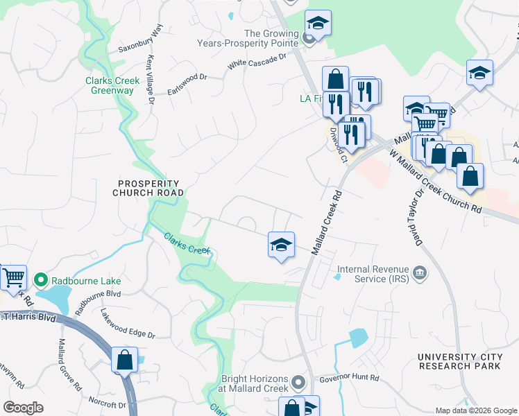 map of restaurants, bars, coffee shops, grocery stores, and more near 10116 Lampkin Way in Charlotte