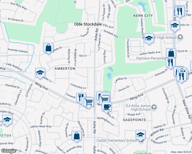 map of restaurants, bars, coffee shops, grocery stores, and more near Stonepine Circle North in Bakersfield