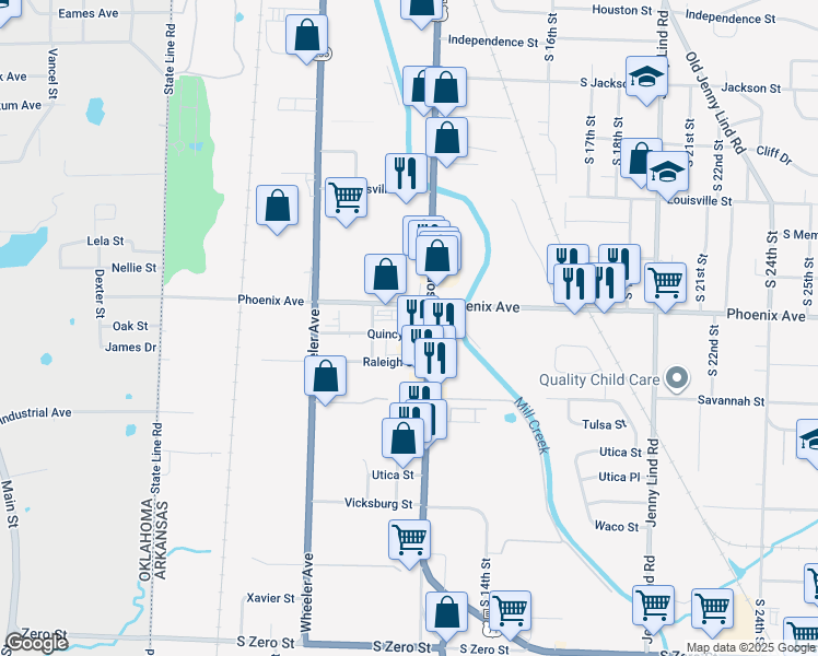 map of restaurants, bars, coffee shops, grocery stores, and more near 1117 South Quincy Street in Fort Smith