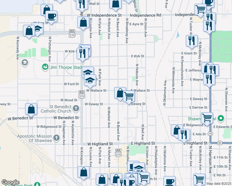 map of restaurants, bars, coffee shops, grocery stores, and more near 740 North Beard Avenue in Shawnee