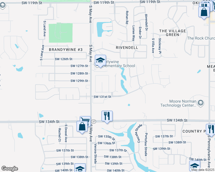 map of restaurants, bars, coffee shops, grocery stores, and more near 13005 Doriath Way in Oklahoma City