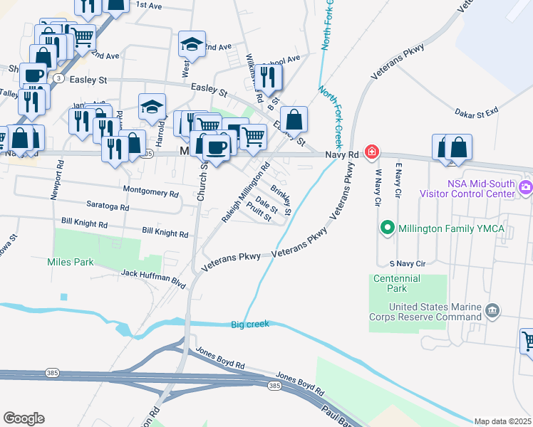 map of restaurants, bars, coffee shops, grocery stores, and more near 5104 Pruitt Street in Millington