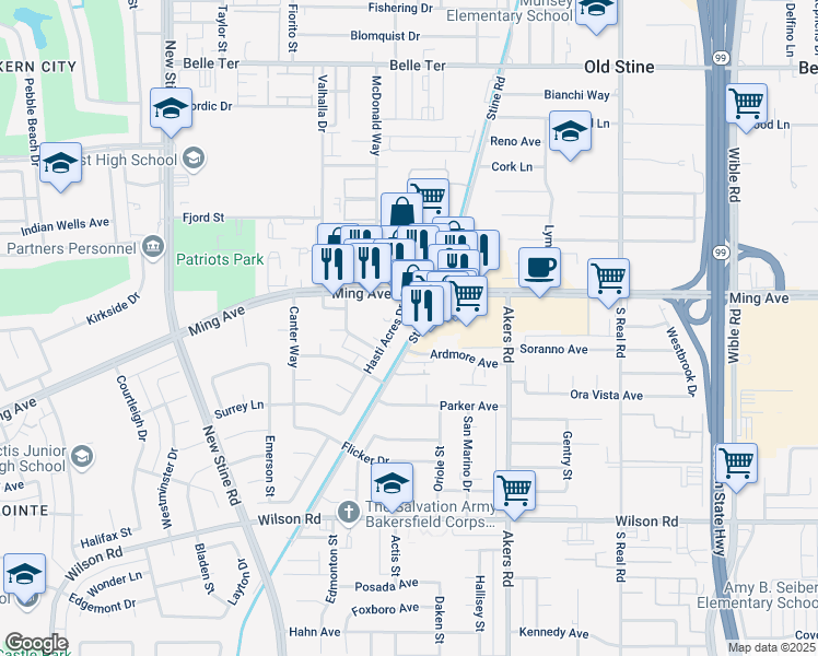 map of restaurants, bars, coffee shops, grocery stores, and more near 1701 Stine Road in Bakersfield